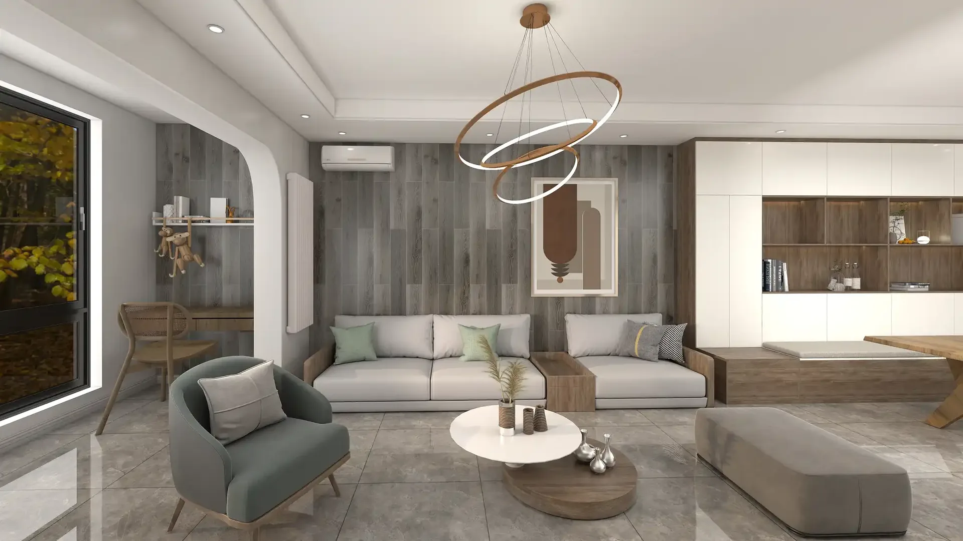 Contemporary living room rendered in 3D