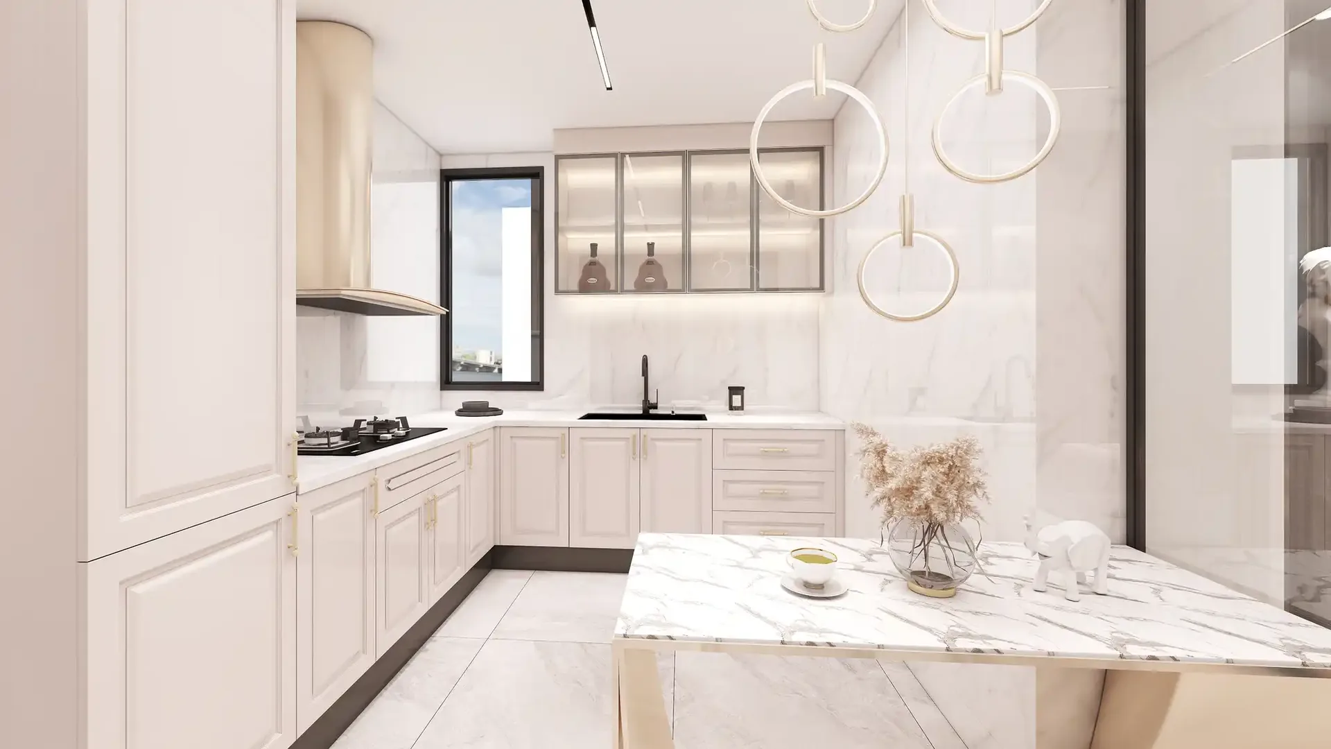 Modular kitchen with white cabinets rendered in 3D